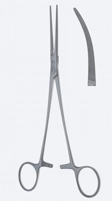 Зажими, гемостатичні, "Bengolea", делікатні, вигнуті, зубчаті щелепи, з кремальєрою, загальна довжина 245 мм. Бренд - Asanus Medizintechnik Gmb, Німеччина